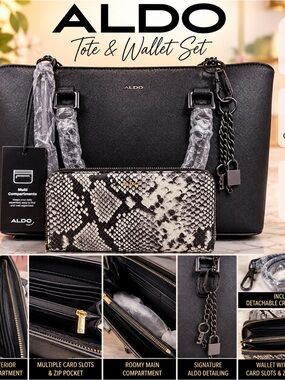 ALDO Black Tote with Black and Beige Snake-Print Wallet